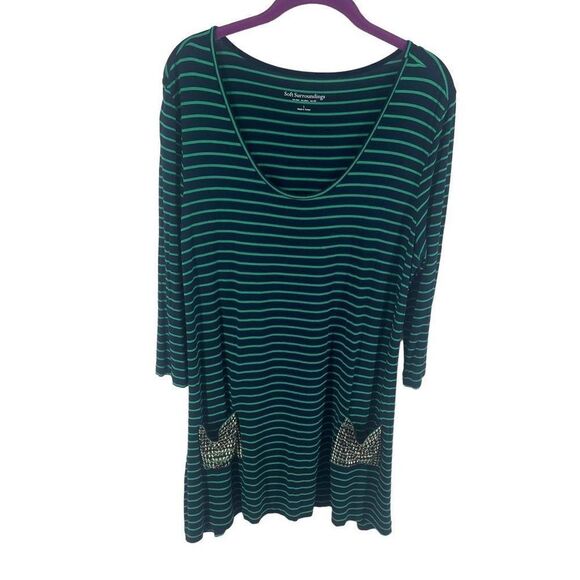 Soft Sorroundings Women's Striped tunic 3/4 Sleeve 2 Pockets Green navy blue Lar - Picture 6 of 12